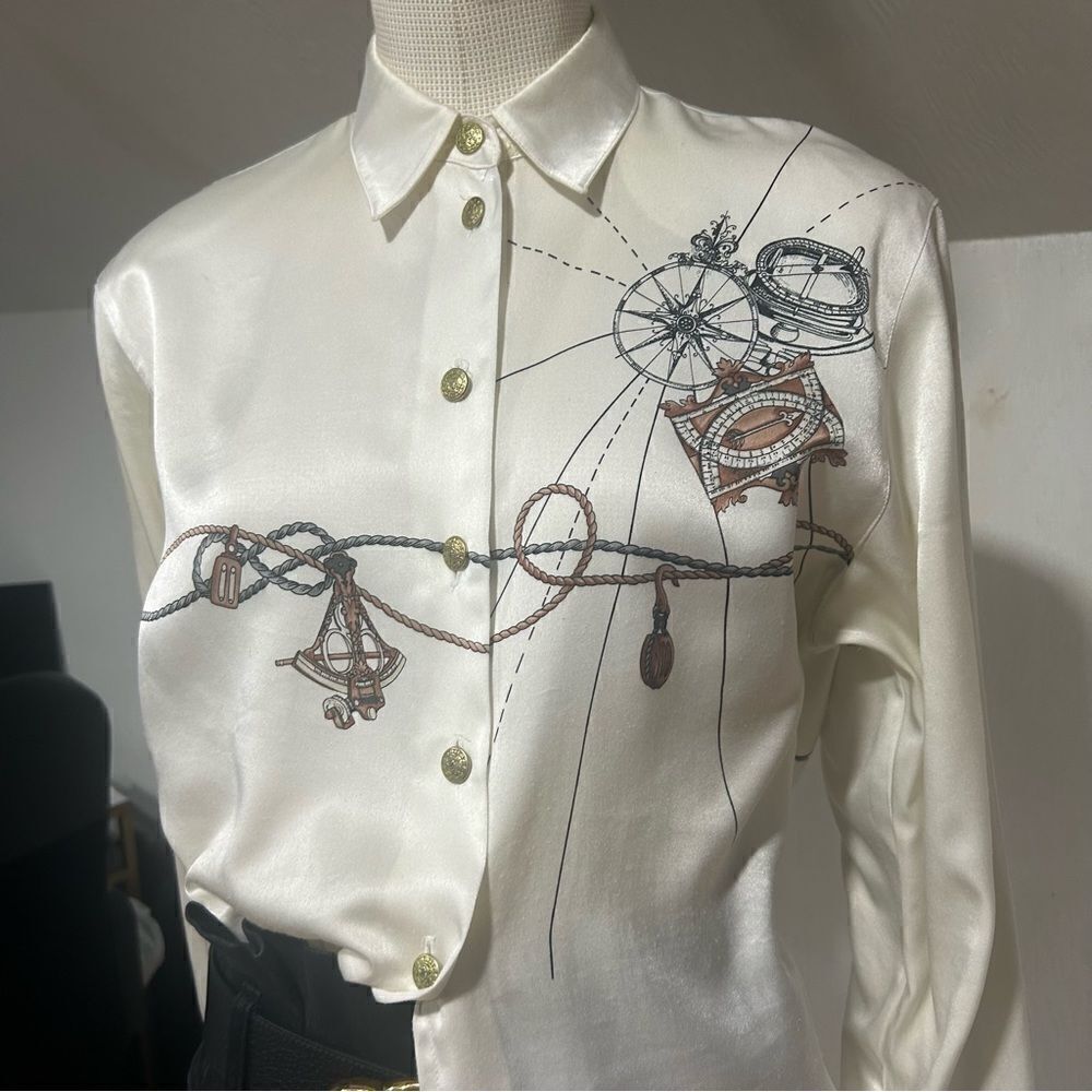 Horst Basler Vintage Shoulder Pads White Satin Blouse Chain Globe print - Picture 8 of 13